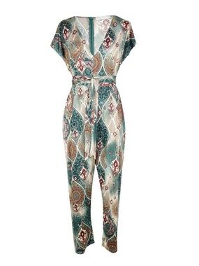 Jennafer Grace - Chalisa Boho Printed V-Neck Jumpsuit in Teal & Cream